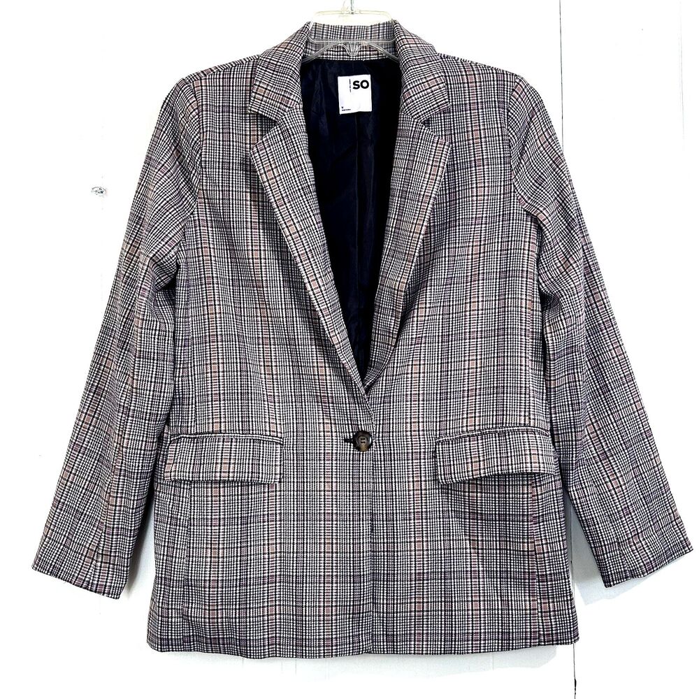SO Women’s Blazer Size Medium Relaxed Plaid Brown Front Pockets Button Closure